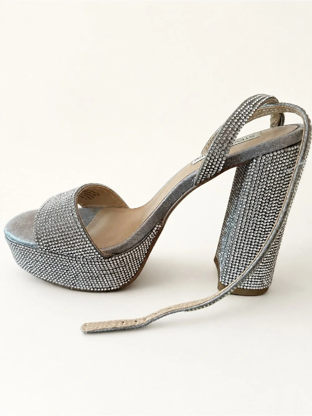 Steve Madden Silver Crystal Platform Block Heel Sandal